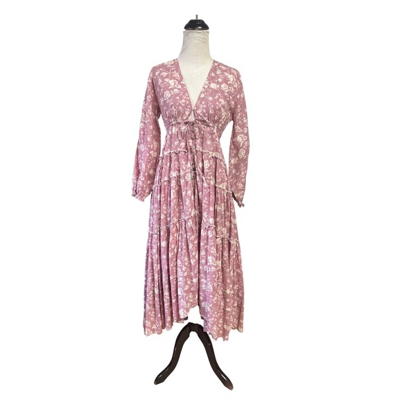 Free People Floral Tiered Maxi Duster Dress Mauve Boho V-Neck Cottagecore XS - Picture 2 of 16
